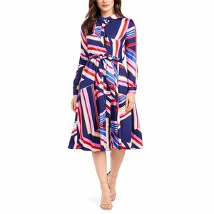 Julia Jordan Striped Geometric Print Button Down Midi Dress Siz…